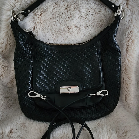 COACH Kristen BIG SNAP Closure Woven Black Shoulder Bag Handbag Sachtel - Picture 5 of 15